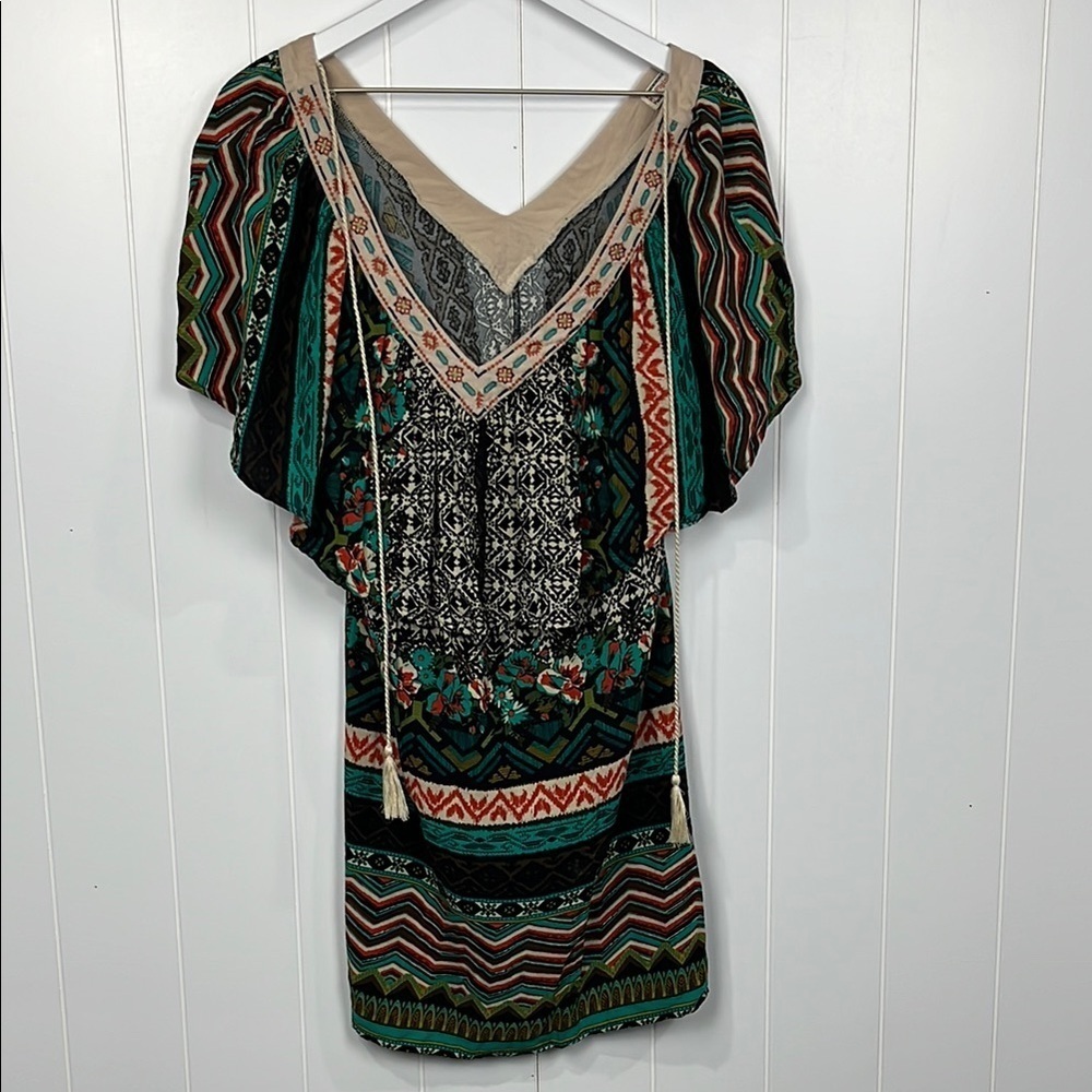 Flying Tomato Womens Mini Dress M Black Green Tribal Print Embroidery 100% Rayon